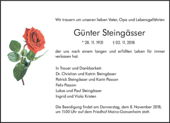 Traueranzeige von Günter Steingässer von vrm-trauer