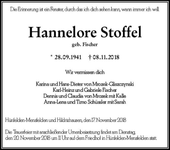 Traueranzeige von Hannelore Stoffel von vrm-trauer