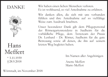 Traueranzeige von Hans Meffert von vrm-trauer