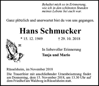 Traueranzeige von Hans Schmucker von vrm-trauer