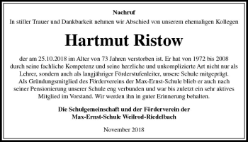 Traueranzeige von Hartmut Ristow von  Camberger Anzeiger