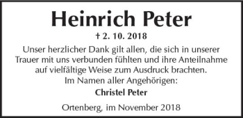 Traueranzeige von Heinrich Peter von  Kreisanzeiger