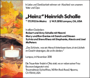 Traueranzeige von Heinz Heinrich Schalle von vrm-trauer