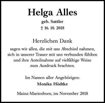 Traueranzeige von Helga Alles von vrm-trauer
