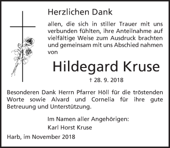 Traueranzeige von Hildegard Kruse von  Kreisanzeiger
