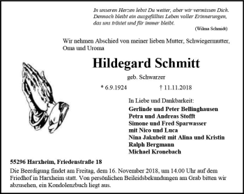 Traueranzeige von Hildegard Schmitt von vrm-trauer Traueranzeige von Hildegard Schmitt von vrm-trauer
