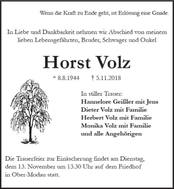 Traueranzeige von Horst Volz von vrm-trauer
