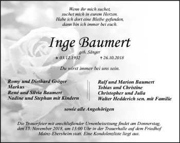 Traueranzeige von Inge Baumert von vrm-trauer