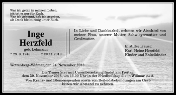 Traueranzeige von Inge Herzfeld von  Gießener Anzeiger