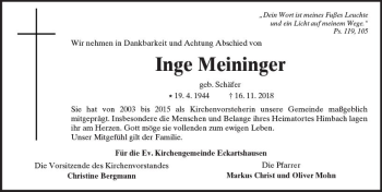 Traueranzeige von Inge Meininger von  Kreisanzeiger