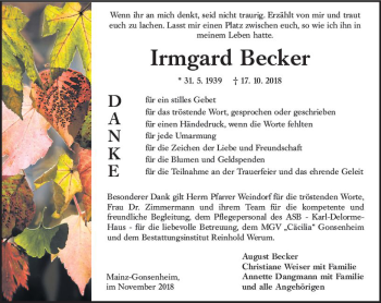 Traueranzeige von Irmgard Becker von vrm-trauer