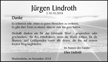 Traueranzeige von Jürgen Lindroth von vrm-trauer