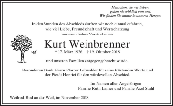 Traueranzeige von Kurt Weinbrenner von  Usinger Anzeiger