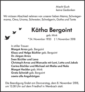 Traueranzeige von Kätha Bergoint von vrm-trauer