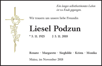 Traueranzeige von Liesel Podzun von vrm-trauer