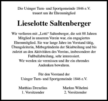 Traueranzeige von Lieselotte Saltenberger von  Usinger Anzeiger