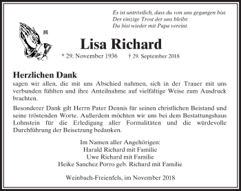 Traueranzeige von Lisa Richard von  Usinger Anzeiger