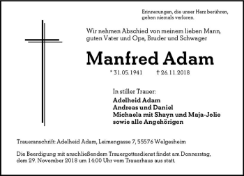 Traueranzeige von Manfred Adam von vrm-trauer