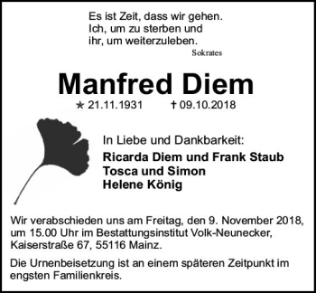 Traueranzeige von Manfred Diem von vrm-trauer