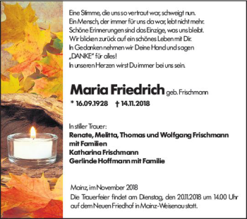 Traueranzeige von Maria Friedrich von vrm-trauer