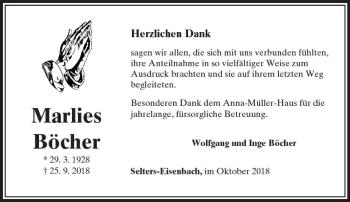 Traueranzeige von Marlies Böcher von  Camberger Anzeiger