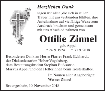 Traueranzeige von Ottilie Zinnel von  Kreisanzeiger