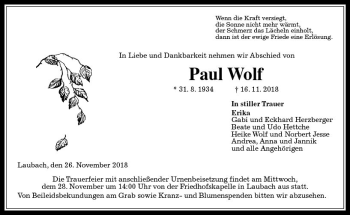Traueranzeige von Paul Wolf von  Gießener Anzeiger