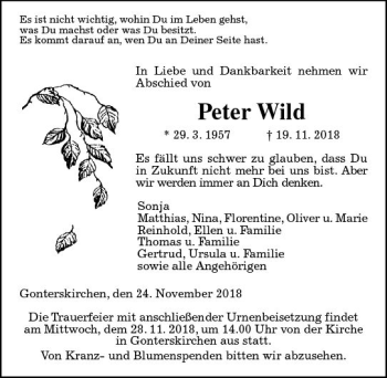Traueranzeige von Peter Wild von  Gießener Anzeiger