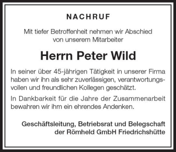 Traueranzeige von Peter Wild von  Gießener Anzeiger