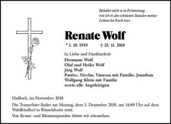 Traueranzeige von Renate Wolf von vrm-trauer