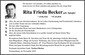 Traueranzeige von Rita Frieda Becker von vrm-trauer
