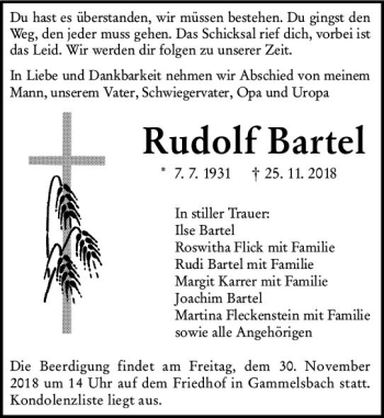 Traueranzeige von Rudolf Bartel von vrm-trauer