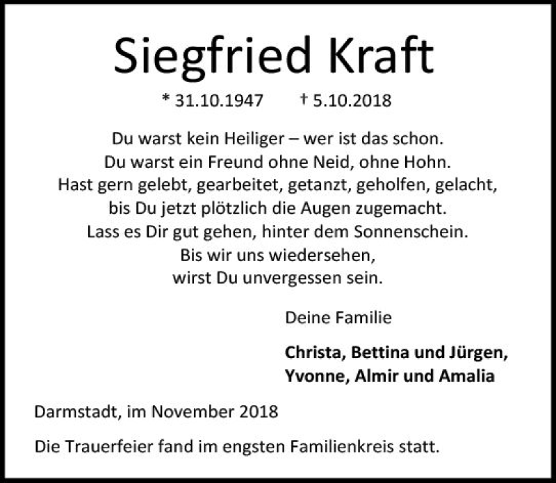  Traueranzeige für Siegfried Kraft vom 03.11.2018 aus vrm-trauer