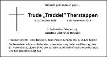 Traueranzeige von Trude Traddel Therstappen von vrm-trauer