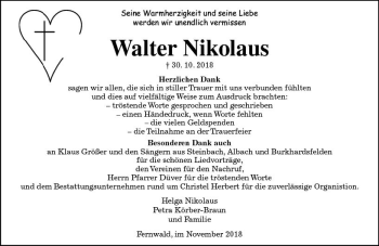 Traueranzeige von Walter Nikolaus von  Gießener Anzeiger