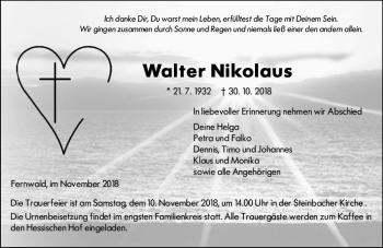 Traueranzeige von Walter Nikolaus von  Gießener Anzeiger