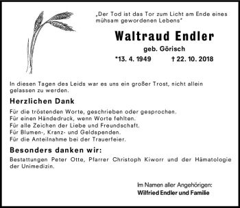 Traueranzeige von Waltraud Endler von vrm-trauer