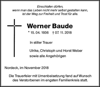Traueranzeige von Werner Baude von  Gießener Anzeiger