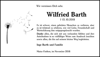 Traueranzeige von Wilfried Barth von vrm-trauer