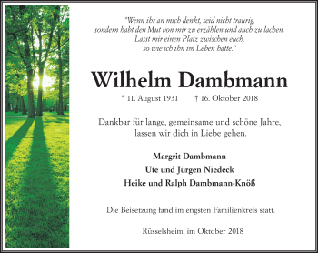 Traueranzeige von Wilhelm Dambmann von vrm-trauer