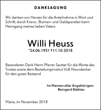 Traueranzeige von Willi Heuss von vrm-trauer