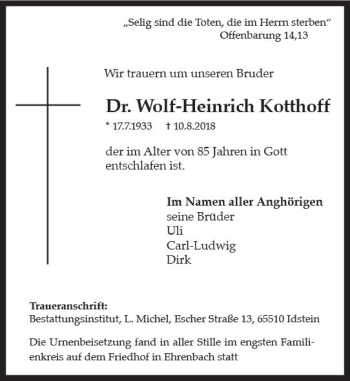Traueranzeige von Wolf-Heinrich Kotthoff von vrm-trauer