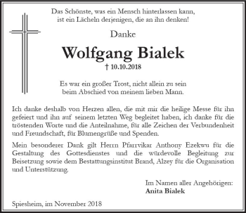 Traueranzeige von Wolfgang Bialek von vrm-trauer