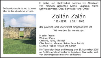 Traueranzeige von Zoltan Zalan von vrm-trauer