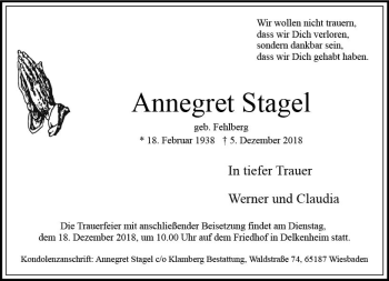 Traueranzeige von Annegret Stagel von vrm-trauer