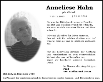 Traueranzeige von Anneliese Hahn von vrm-trauer