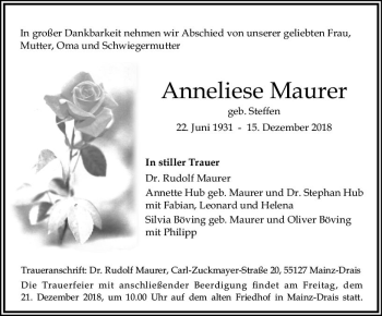 Traueranzeige von Anneliese Maurer von vrm-trauer