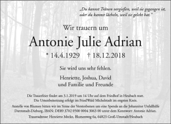 Traueranzeige von Antonie Julie Adrian von vrm-trauer