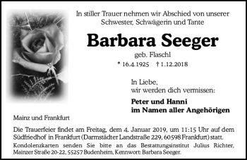 Traueranzeige von Barbara Seeger von vrm-trauer
