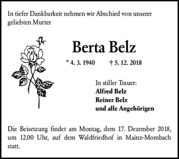 Traueranzeige von Berta Belz von vrm-trauer
